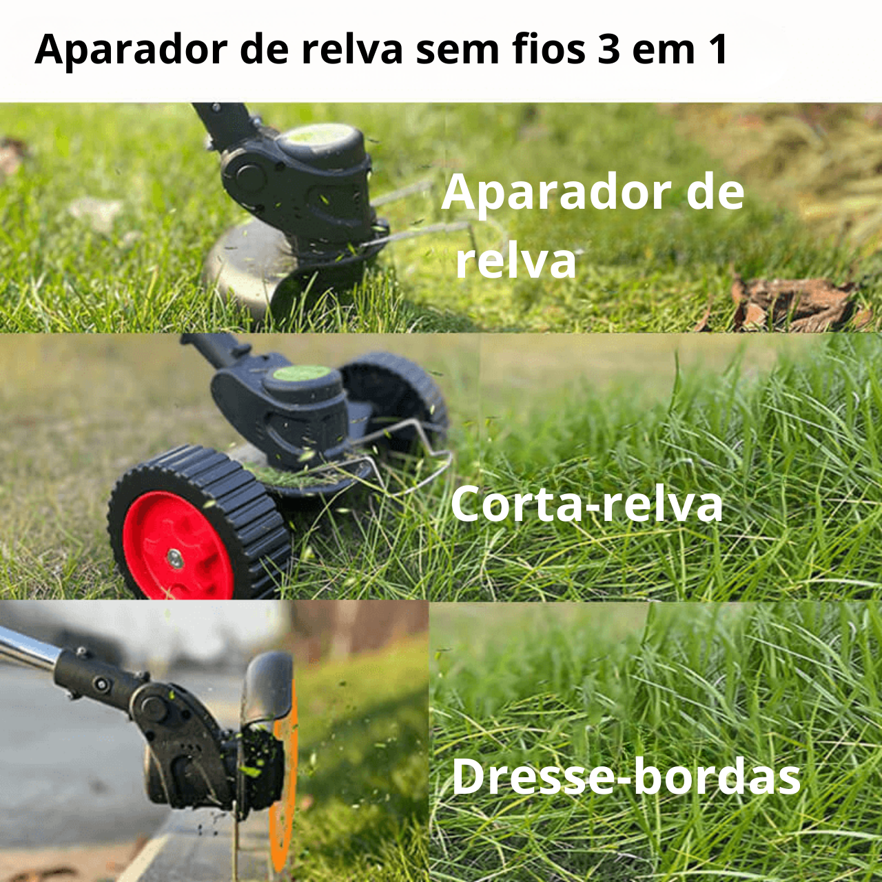 Aparador de relva sem fios 3 em 1, corta-ervas e dresse-bordas